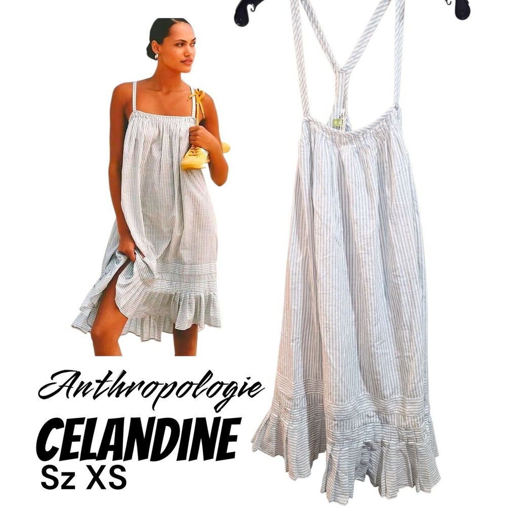 Anthropologie Celandine XS Striped Sage Peplum/ Pleated Hem Midi Dress  $148